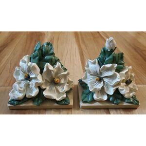 Magnolia Flowers Bookends Southern Charm Cottage Hime Decor Heavy Resin White
